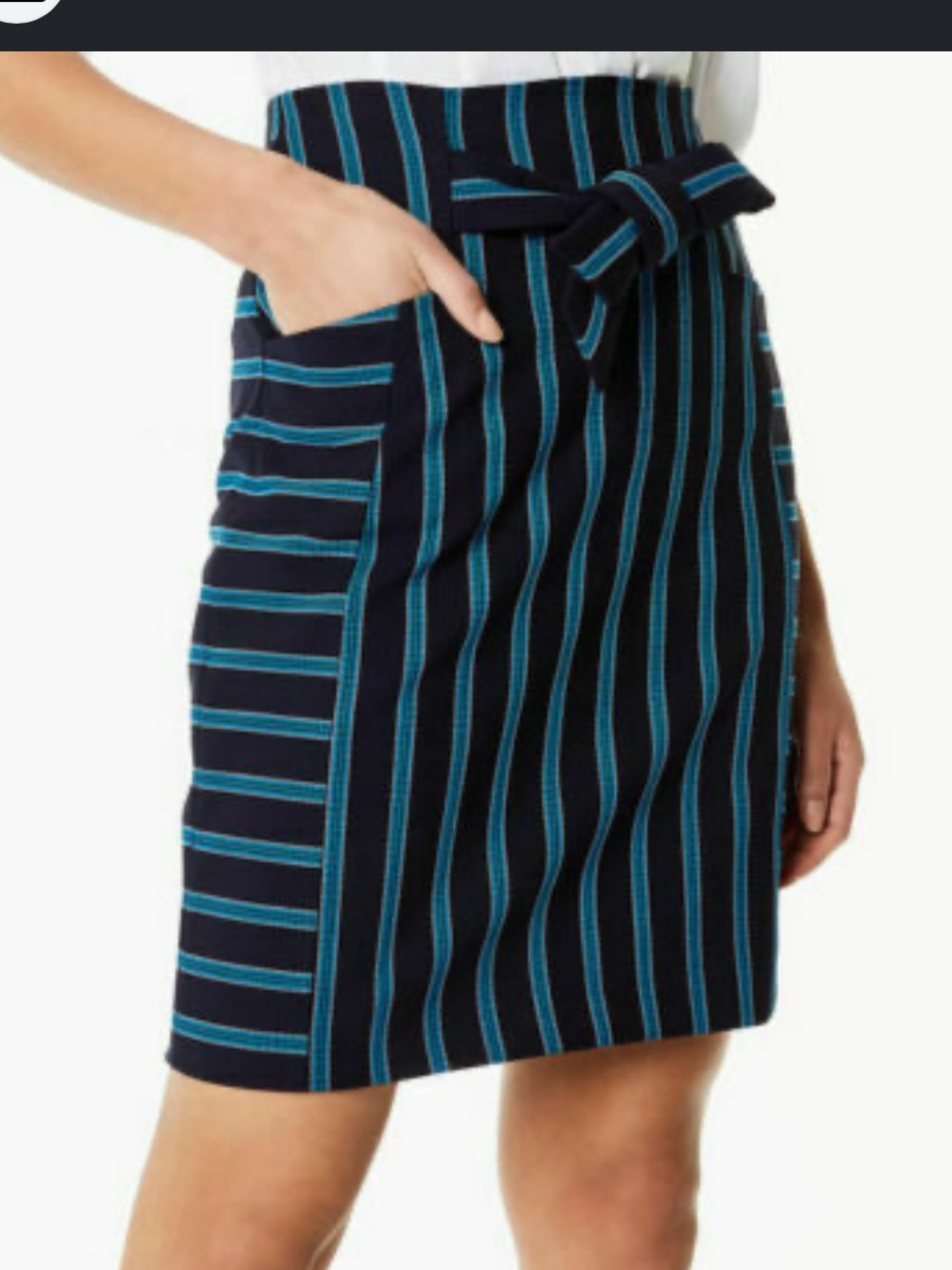 Karen Millen Navy Pencil Skirt with Blue Pinstripes and Tie Waist